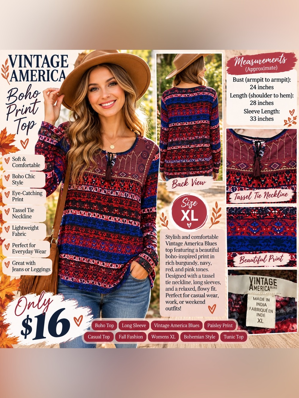 Boho Striped Embroidered Long Sleeve Top - Burgundy, Blue & Pink